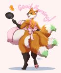  anthro apron apron_only big_breasts breasts canid canine clothing cooking female fluffy fluffy_tail food fox good_morning green_eyes hi_res huge_belly looking_back mammal mostly_nude multi_tail multicolored_tail orange_body pancake pink_apron pink_text pregnant side_boob simple_background solo spottedtigress tail text 