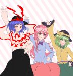  3girls :d ;) black_headwear black_skirt blue_shirt bow bowtie bubble_skirt commentary_request frilled_shawl frills fub_(fubimanji) green_eyes green_hair hand_on_own_hip hat hat_bow hata_no_kokoro highres index_finger_raised komeiji_koishi long_hair looking_at_viewer multiple_girls nagae_iku one_eye_closed open_mouth pink_background pink_eyes pink_hair purple_bow purple_bowtie red_bow red_eyes shawl shirt short_hair skirt smile striped striped_background touhou white_shirt yellow_shirt 