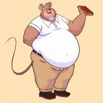  2023 anthro beard belly big_belly black_nose book bottomwear brown_body clothing eyewear facial_hair glasses grounhounse hi_res male mammal mouse murid murine obese obese_male overweight overweight_male pants rodent shirt simple_background solo topwear 