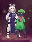  2019 3_toes abstract_background anthro asriel_dreemurr_(god_form) bovid caprine clothing deltarune duo eyewear feet glasses goat hat headgear headwear hi_res horn male mammal ralsei robe round_glasses scarf standing toes undertale undertale_(series) witch_hat zinnick 