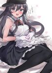  1girl akatsuki_(kancolle) akatsuki_kai_ni_(kancolle) alternate_costume anchor_symbol apron black_dress black_hair black_headwear black_pantyhose blush dress enmaided flat_cap frilled_apron frills hat heart heart_hands highres kantai_collection long_hair lying maid maid_apron mizuta_kenji open_mouth pantyhose purple_eyes purple_hair smile solo sweatdrop waist_apron white_apron 