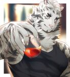  1boy animal_ears arknights backlighting bara black_tank_top blue_eyes cup drinking_glass facial_hair foreshortening furry furry_male goatee highres holding holding_cup incoming_drink large_pectorals male_focus mature_male mountain_(arknights) muscular muscular_male pectorals scar scar_across_eye short_hair sidepec smile solo susabi_(susabi_3b) tank_top thick_eyebrows tiger_boy tiger_ears upper_body white_hair wine_glass 