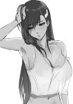  1girl armpits bare_arms bare_shoulders black_hair blinkblink_art breasts burn_the_witch cleavage closed_mouth collarbone commentary crop_top greyscale hair_behind_ear hair_between_eyes hair_ornament hair_over_shoulder hand_in_own_hair hand_up highres large_breasts long_hair looking_at_viewer midriff monochrome navel niihashi_noel no_bra see-through see-through_shirt shirt single_sidelock solo sweat sweatdrop tank_top upper_body wet wet_clothes wet_shirt white_background 
