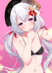  +_+ 1girl absurdres azur_lane bare_shoulders black_bra black_headwear bra breasts closed_mouth commentary_request cross cross-shaped_pupils cross_hair_ornament flandre_(azur_lane) frilled_bra frills grey_hair hair_between_eyes hair_ornament hair_ribbon hand_on_own_chin hat heart highres lingerie long_hair looking_at_viewer low_twintails navel origami_aya pink_background purple_eyes reaching reaching_towards_viewer red_ribbon ribbon selfie small_breasts smile solo stomach symbol-shaped_pupils twintails underwear upper_body white_hair 