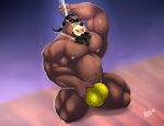  2023 anthro artist_name bear beard black_hair blitztaison brown_bear brown_body brown_eyes brown_fur bulge chest_tuft clothing deltoids facial_hair fur hair hand_behind_head hi_res kneeling male mammal musclegut navel nipples on_stage pecs pole ponytail sarge_(braford) sitting solo stripper stripper_pole thong triceps tuft underwear ursine watermark yellow_clothing yellow_thong yellow_underwear 