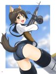  1girl :d absurdres animal_ears ass black_sailor_collar blue_sky blush brown_eyes brown_hair cloud cloudy_sky commentary_request day dog_ears dog_tail flying from_side gun highres holding holding_gun holding_weapon long_sleeves looking_at_viewer looking_back machine_gun miyafuji_yoshika nao_suke no_pants outdoors sailor_collar sailor_shirt school_swimsuit shirt short_hair sky smile solo strike_witches striker_unit swimsuit swimsuit_under_clothes tail type_99_light_machine_gun weapon white_shirt world_witches_series 