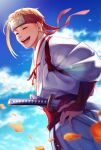  1boy antaresjgj artist_name blonde_hair blue_sky bridal_gauntlets closed_eyes cloud cloudy_sky facing_viewer falling_petals forehead_protector glint hand_on_own_hip headband highres jigokuraku katana open_mouth petals red_bridal_gauntlets red_headband robe short_hair single_sidelock sky smile solo sword weapon white_robe yamada_asaemon_tensa 