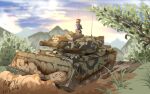  1girl absurdres blonde_hair blue_sky chinese_commentary cloud commentary_request dated full_body highres kurodani_yamame military_vehicle motor_vehicle mountainous_horizon outdoors pzgr.40 short_hair signature sky solo tank touhou vehicle_request wide_shot 