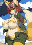  aircraft airplane anthro big_breasts bikini blue_eyes blue_sky blush bottomwear bra breasts brown_hair cleavage clothed clothing cloud curvy_figure eyebrows eyewear eyewear_on_head female gloves goggles goggles_on_head gold_bikini hair hana_(keep0621) handwear hi_res huge_breasts inner_ear_fluff jacket kemono koorinezumi looking_at_viewer military_jacket multicolored_body pilot_jacket shorts sky slightly_chubby solo standing swimwear tail thick_eyebrows thick_thighs topwear tuft two_tone_body underwear voluptuous white_body wide_hips yellow_body 