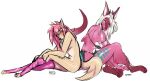  anthro aurum_(kiit0s) canid canine canis carina_(purplelemons) dragon duo female hair half_naked kiit0s mammal pink_hair wolf 