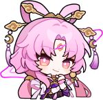  1girl chinese_clothes crescent crescent_hair_ornament english_commentary forehead_jewel fu_xuan_(honkai:_star_rail) hair_ornament hand_on_own_chin honkai:_star_rail honkai_(series) jewelry long_hair long_sleeves looking_at_viewer official_art parted_bangs pink_hair smile solo sparkle transparent_background upper_body v-shaped_eyebrows white_sleeves 