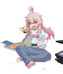  1girl ahoge barefoot collarbone controller eating food genderswap genderswap_(mtf) highres holding holding_controller holding_food long_hair nunvora onii-chan_wa_oshimai! open_mouth orange_eyes oyama_mahiro pants pink_hair pizza pizza_box pizza_slice playing_games playstation_controller shirt sitting snack solo t-shirt 