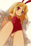  1girl absurdres arm_up ass_visible_through_thighs blonde_hair breasts covered_navel demon_girl disgaea flonne flonne_(fallen_angel) from_below groin hand_in_own_hair hand_on_own_hip highres jank365m leotard long_hair looking_at_viewer looking_down makai_senki_disgaea off_shoulder open_clothes open_mouth open_shirt pointy_ears red_eyes ribbon shirt small_breasts solo strapless strapless_leotard thighs very_long_hair white_shirt 
