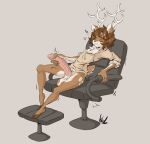  anthro antlers asroyal_sagittarius balls big_penis cervine chair close_to_bursting clothing deer digital_media_(artwork) dullvivid erection eyes_closed fur furniture genitals hair hi_res hooves horn humanoid_genitalia humanoid_penis male mammal masturbation ottoman penis simple_background sitting solo 