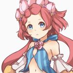  1girl bare_shoulders blue_eyes breasts detached_sleeves dragalia_lost flower hair_flower hair_ornament long_hair looking_at_viewer maribelle_(dragalia_lost) navel parted_lips pink_hair po_pooch small_breasts solo twintails upper_body white_background 