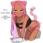  1girl animal_hands blush bow breasts cat_lingerie cat_tail cleavage dark-skinned_female dark_skin earrings english_text fishnet_thighhighs fishnets gloves jewelry large_breasts long_hair looking_at_viewer meme_attire ohasi original paw_gloves pink_(ohasi) pink_hair short_hair simple_background single_thighhigh solo sweat tail tail_bow tail_ornament thighhighs white_background 