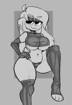 2022 absurd_res anthro big_breasts biped bottomwear breasts buxy clothed clothing digital_drawing_(artwork) digital_media_(artwork) ear_piercing feet female fingers floppy_ears fur greyscale hair hi_res lagomorph leporid long_ears looking_at_viewer lop_ears mammal monochrome navel navel_piercing on_one_leg piercing rabbit raised_leg scut_tail short_tail simple_background smile solo standing tail toes topwear vicari_(buxy) 