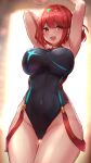 1girl :d absurdres armpits arms_up black_one-piece_swimsuit blush breasts covered_navel cowboy_shot earrings headpiece highres jewelry kihou_no_gotoku_dmc large_breasts looking_at_viewer one-piece_swimsuit open_mouth pyra_(pro_swimmer)_(xenoblade) pyra_(xenoblade) red_eyes red_hair short_hair smile solo sweat swimsuit teeth thick_thighs thigh_gap thighs upper_teeth_only xenoblade_chronicles_(series) xenoblade_chronicles_2 