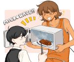  2boys black_eyes black_hair black_sweater_vest blush brown_eyes brown_hair collarbone collared_shirt dark-skinned_male dark_skin food highres holding holding_knife holding_microwave kel_(omori) knife looking_at_another microwave multiple_boys omori open_mouth shirt short_hair short_sleeves smile steak sunny_(omori) sweater_vest ud01f white_shirt 