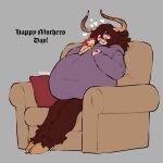  &lt;3 anthro baby bodily_fluids bovid bovine brown_body brown_fur burratta_(wonderslug) butterscotch_(wonderslug) clothing crying curved_horn dewclaw_hooves duo english_text equid equine european_mythology eyes_closed female fur furniture greek_mythology grey_background hair hi_res holidays hoodie hooves horn male mammal minotaur mother mother&#039;s_day mythology object_in_mouth on_sofa open_mouth open_smile orange_hair pacifier pacifier_in_mouth parent simple_background sitting sitting_on_sofa smile sofa tears tears_of_joy text topwear unicorn wonderslug yak young 