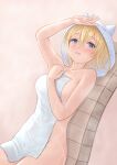  1girl armpits blonde_hair blue_eyes blush breasts collarbone commentary covering europa_(granblue_fantasy) eyelashes granblue_fantasy hair_between_eyes hand_on_forehead highres holding holding_towel hood hot large_breasts leaning_back lily-of-ash looking_at_viewer nude_cover on_chair parted_lips sauna sideboob simple_background steam sweat towel very_sweaty wet 