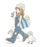  1girl ;p bag beanie bird black_eyes blue_overalls brown_hair cup full_body grey_footwear hand_in_pocket hat highres holding holding_cup looking_at_viewer medium_hair one_eye_closed original overalls shirt shoulder_bag solo tongue tongue_out torn_clothes torn_overalls wakaba_maekawa white_bag white_headwear white_shirt 