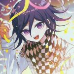  1boy :d black_hair checkered_clothes checkered_scarf danganronpa_(series) danganronpa_v3:_killing_harmony dated flipped_hair hand_up happy_birthday long_sleeves mikao_(eanv5385) multicolored_background multicolored_hair oma_kokichi purple_hair ribbon scarf smile solo teeth two-tone_hair upper_teeth_only 