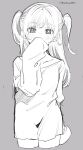 1girl akebi-chan_no_serafuku amezawa_koma blush check_copyright copyright_request covering_mouth cropped_legs grey_background greyscale highres kizaki_erika long_hair long_shirt looking_at_viewer monochrome simple_background sketch sleeves_past_fingers sleeves_past_wrists solo straight-on two_side_up 