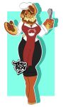  anthro apron bottomwear breasts brown_body brown_hair chef_hat clothing dachsbun female generation_9_pokemon hair hat headgear headwear nintendo pants paws pokemon pokemon_(species) shirt simple_background solo tattoorexy topwear yellow_eyes 