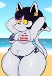  absurd_res american_flag_bikini anthro beach bedroom_eyes belly bikini blackmore breasts catti_(deltarune) chubby_female clothing cloud deltarune digital_media_(artwork) domestic_cat ear_piercing ear_ring ears_up felid feline felis female fur hair hi_res looking_at_another mammal narrowed_eyes navel piercing raised_tail ring_piercing seaside seductive sky solo stars_and_stripes swimwear tail thick_thighs undertale_(series) united_states_of_america water white_body white_fur wide_hips 