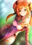  1girl aisha_(saga) breasts closed_mouth dress grass green_eyes hair_ornament hat highres long_hair looking_at_viewer orange_hair romancing_saga romancing_saga_minstrel_song saga skirt smile solo thighhighs twintails 