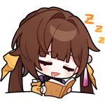  1girl book braid brown_hair chibi chinese_clothes closed_eyes english_commentary furrowed_brow holding holding_book honkai:_star_rail honkai_(series) long_sleeves official_art saliva sitting sleeping solo sushang_(honkai:_star_rail) transparent_background twintails zzz 