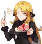  1girl blonde_hair breasts cake cake_slice cleavage closed_mouth cynthia_(pokemon) english_text food fork fruit fur-trimmed_sleeves fur_collar fur_trim gift_art hair_ornament hair_over_one_eye hand_up happy_birthday highres holding holding_fork holding_plate kamu_(kamuuei) large_breasts long_hair long_sleeves looking_at_viewer one_eye_closed plate pokemon pokemon_(game) pokemon_dppt simple_background smile solo strawberry strawberry_cake upper_body white_background 