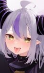  1girl ahoge blush braid braided_bangs collar corrupted_twitter_file highres hololive horns la+_darknesss metal_collar motoi_(croa76) multicolored_hair pointy_ears purple_hair streaked_hair striped_horns tongue tongue_out virtual_youtuber 