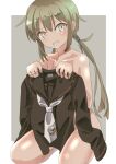  blonde_hair clothes_removed collar crescent crescent_pin haida_katsuretsu highres holding holding_clothes kantai_collection long_hair looking_at_viewer nude satsuki_(kancolle) smile twintails yellow_eyes 