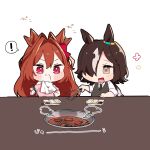  ! 2girls absurdres afterimage animal_ears antenna_hair bare_shoulders black_necktie black_vest blush bow brown_eyes brown_hair chibi chopsticks clothing_cutout collared_shirt commentary_request daiwa_scarlet_(umamusume) ear_wiggle eating food food_on_face hair_between_eyes hair_bow hair_intakes highres holding holding_chopsticks horse_ears meat multiple_girls necktie nekosuzu_an pink_shirt red_bow red_eyes shirt short_sleeves shoulder_cutout simple_background spoken_exclamation_mark tongs umamusume upper_body vest vodka_(umamusume) white_background white_shirt yakiniku 