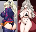  2girls akitsuki_karasu artoria_pendragon_(fate) artoria_pendragon_(lancer_alter)_(fate) artoria_pendragon_(lancer_alter)_(traveling_outfit)_(fate) ass bikini black_bikini blonde_hair blue_eyes blush breasts chair cleavage closed_mouth clothes_pull commission eyes_visible_through_hair fate/grand_order fate_(series) frown grey_background grey_hair hair_between_eyes highres horns indoors jacket kriemhild_(fate) large_breasts long_hair looking_at_viewer looking_back mole mole_under_eye multiple_girls navel pants pants_pull ponytail sitting skeb_commission swimsuit underwear yellow_eyes 