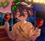  1boy black_hair blurry blurry_background candy_apple closed_eyes crossed_bangs facing_viewer food grin hair_between_eyes hairband highres holding holding_food ieiieiiei japanese_clothes kieran_(pokemon) male_focus market_stall mask mask_on_head mole mole_on_neck multicolored_hair night outdoors pink_hair pokemon pokemon_(game) pokemon_sv short_sleeves smile solo upper_body yellow_hairband 