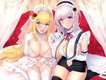  2girls :d absurdres bare_shoulders bed black_skirt blonde_hair blue_eyes blue_panties blush bow breast_curtains breasts bridal_veil cleavage curtains detached_collar dress elbow_gloves flower frilled_hairband frills gloves green_eyes hair_flower hair_ornament hairband highres indoors large_breasts long_hair looking_at_viewer maid_headdress multiple_girls on_bed open_mouth original panties pencil_skirt pink_flower purple_eyes red_flower ribbon rose seiza short_hair sitting skirt smile teeth thighhighs thighs tiara underwear untue upper_teeth_only veil white_dress white_gloves white_hair white_panties white_thighhighs 