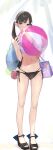  1girl ama_mitsuki bag ball beachball bikini black_bikini blunt_bangs blush brown_eyes brown_hair full_body hair_ornament highres holding holding_ball holding_beachball long_hair navel original sandals shoulder_bag side-tie_bikini_bottom solo standing swimsuit twintails 