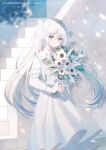  1girl blue_eyes blush bouquet closed_mouth commentary_request copyright_request day dress flower grey_hair hair_between_eyes highres holding holding_bouquet layered_sleeves long_sleeves looking_at_viewer myusha official_art outdoors pleated_dress short_over_long_sleeves short_sleeves smile solo stairs twintails white_dress white_flower 