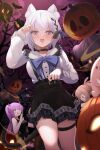  3girls animal_ears black_skirt blush bow breasts cat_ears fang halloween long_hair long_sleeves looking_at_viewer mujinbensin multiple_girls nail_polish open_mouth shirt skirt smile tail thigh_strap white_hair white_shirt 