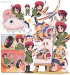  :o ? ?? adeleine afterimage ahoge bandana bandana_waddle_dee bendedede beret black_socks blue_bandana blue_eyes brown_eyes brown_hair canvas_(object) character_name clenched_teeth closed_eyes closed_mouth cloud collared_shirt commentary dodging easel english_commentary expressionless fur-trimmed_jacket fur_trim green_shirt grey_skirt hair_ornament hairclip hands_on_own_hips hat highres holding holding_paintbrush holding_palette jacket king_dedede kirby kirby_(series) kneehighs kracko laughing looking_at_viewer looking_back multiple_views one-eyed open_mouth outline outstretched_arm paint paintbrush painting_(action) painting_(object) palette_(object) parted_bangs parted_lips red_headwear red_jacket shirt short_hair short_sleeves simple_background skirt smile smoke socks spikes standing sweatdrop teeth upper_body v-shaped_eyebrows wheel wheelie_(kirby) white_background white_outline wide-eyed 