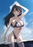 1girl aged_up ahoge bare_shoulders bikini black_bikini black_hair breasts brown_eyes cleavage collarbone cowboy_shot highres kantai_collection large_breasts long_hair looking_at_viewer navel neve_(morris-minicooper) paid_reward_available partially_submerged signature smile solo swimsuit ushio_(kancolle) 