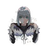  1girl :d ahoge blush brown_gloves cloak cropped_shoulders fate_(series) fur-trimmed_cloak fur_trim gloves gray_(fate) green_eyes grey_hair hands_up hood hood_down long_sleeves looking_at_viewer lord_el-melloi_ii_case_files open_mouth osionopan short_hair simple_background smile solo white_background 