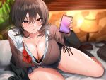  1girl ayomo_ro black_bra black_eyes black_jacket black_skirt black_socks blazer blurry blurry_background bow bowtie bra breasts brown_cardigan brown_hair cardigan cellphone cleavage collared_shirt commentary_request holding holding_phone indoors jacket large_breasts long_sleeves looking_at_viewer original parted_lips partially_unbuttoned phone pleated_skirt red_bow red_bowtie school_uniform shirt skirt smartphone socks solo underwear undone_bowtie white_shirt 