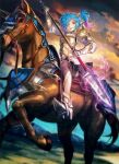  1girl armor barding blue_hair fire_emblem fire_emblem_cipher fire_emblem_fates fuzichoco highres holding holding_polearm holding_weapon horseback_riding lance official_art peri_(fire_emblem) pink_hair polearm riding third-party_source weapon 