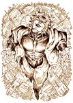  1boy bad_id bad_tumblr_id building dio_brando full_body greyscale jojo_no_kimyou_na_bouken kotteri looking_at_viewer male_focus monochrome muscular muscular_male pants smile solo v-shaped_eyebrows 