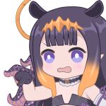  1girl black_choker black_dress black_gloves bright_pupils chibi choker dress flower_knot fur-trimmed_choker gloves gradient_hair hair_flaps halo headpiece hololive hololive_english long_hair multicolored_hair ninomae_ina&#039;nis ninomae_ina&#039;nis_(1st_costume) open_mouth orange_hair pointing pointy_ears purple_eyes purple_hair solo strapless strapless_dress tentacle_hair tentacles tube_dress upper_body virtual_youtuber white_pupils zephylyne 