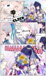  3girls :d :o absurdres ahoge animal armor bare_shoulders black_flower blue_flower blush bouquet breasts bronya_zaychik bronya_zaychik_(herrscher_of_truth) camera cat closed_eyes closed_mouth couple crown derivative_work english_commentary english_text faceless flower grey_hair halo hand_on_another&#039;s_shoulder high_ponytail highres homu_(honkai_impact) honkai_(series) honkai_impact_3rd kiana_kaslana kiana_kaslana_(herrscher_of_finality) kiss kudayunii large_breasts multicolored_hair multiple_girls open_mouth parted_bangs ponytail raiden_mei raiden_mei_(herrscher_of_origin) shirt smile streaked_hair sunflower taking_picture upper_body white_armor white_cat white_footwear white_hair yellow_flower yuri 